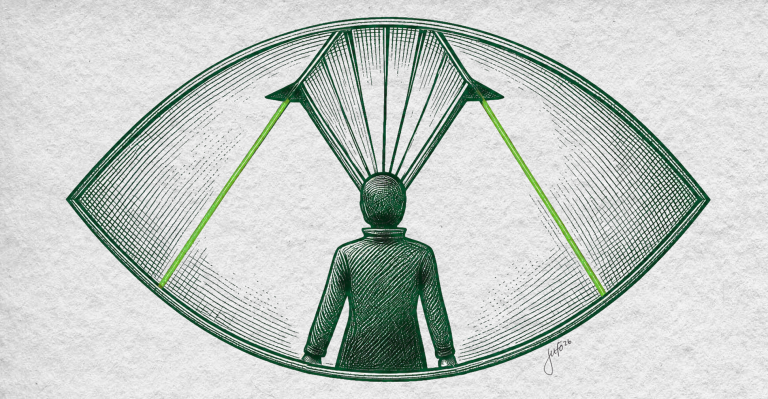 Cette illustration explore l'écart qui se crée parfois entre ce qu'une marque pense projeter et ce que son audience perçoit réellement. L’œil représente le point de vue du consommateur sur la marque. Les lignes en éventail symbolisent les multiples façons de créer un lien avec lui. Le vide central évoque cet espace où la marque peut perdre son audience, en s’éloignant inconsciemment de sa réalité...