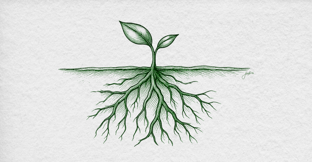 Cette illustration représente une jeune pousse dont les racines s'étendent sous la surface. Visible en partie seulement, cette croissance symbolise la valeur de marque, souvent difficile à mesurer, mais essentielle au développement durable et à la performance d'une entreprise.
