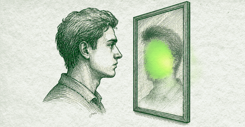 A conceptual illustration of a person facing a mirror with a blurred reflection. The image symbolizes the disconnect that can occur between brand positioning, communication, and customer experience, making an organization difficult to understand despite its marketing efforts.